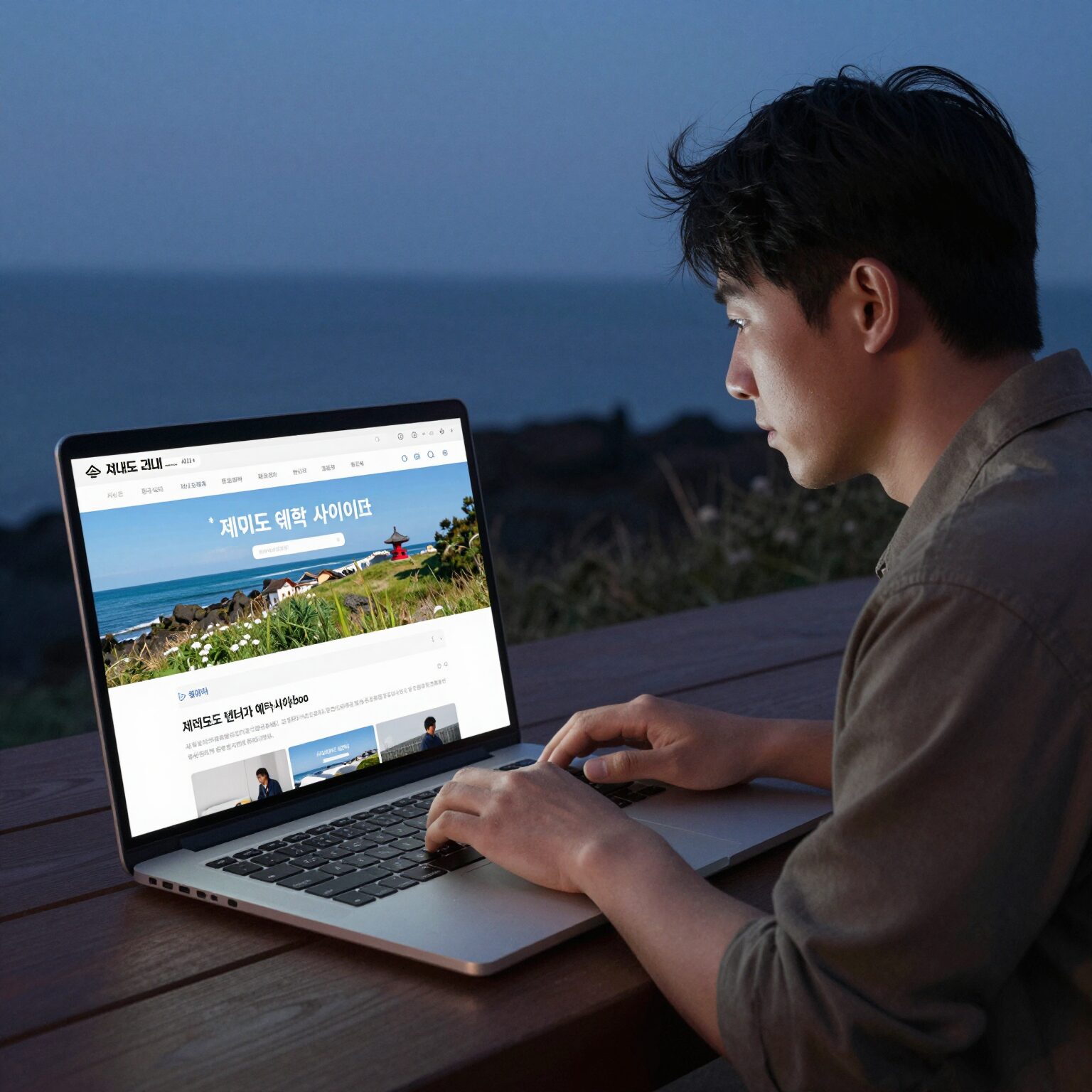 새벽 시간대 노트북으로 제주도 렌터카 예약 사이트 비교하는 모습