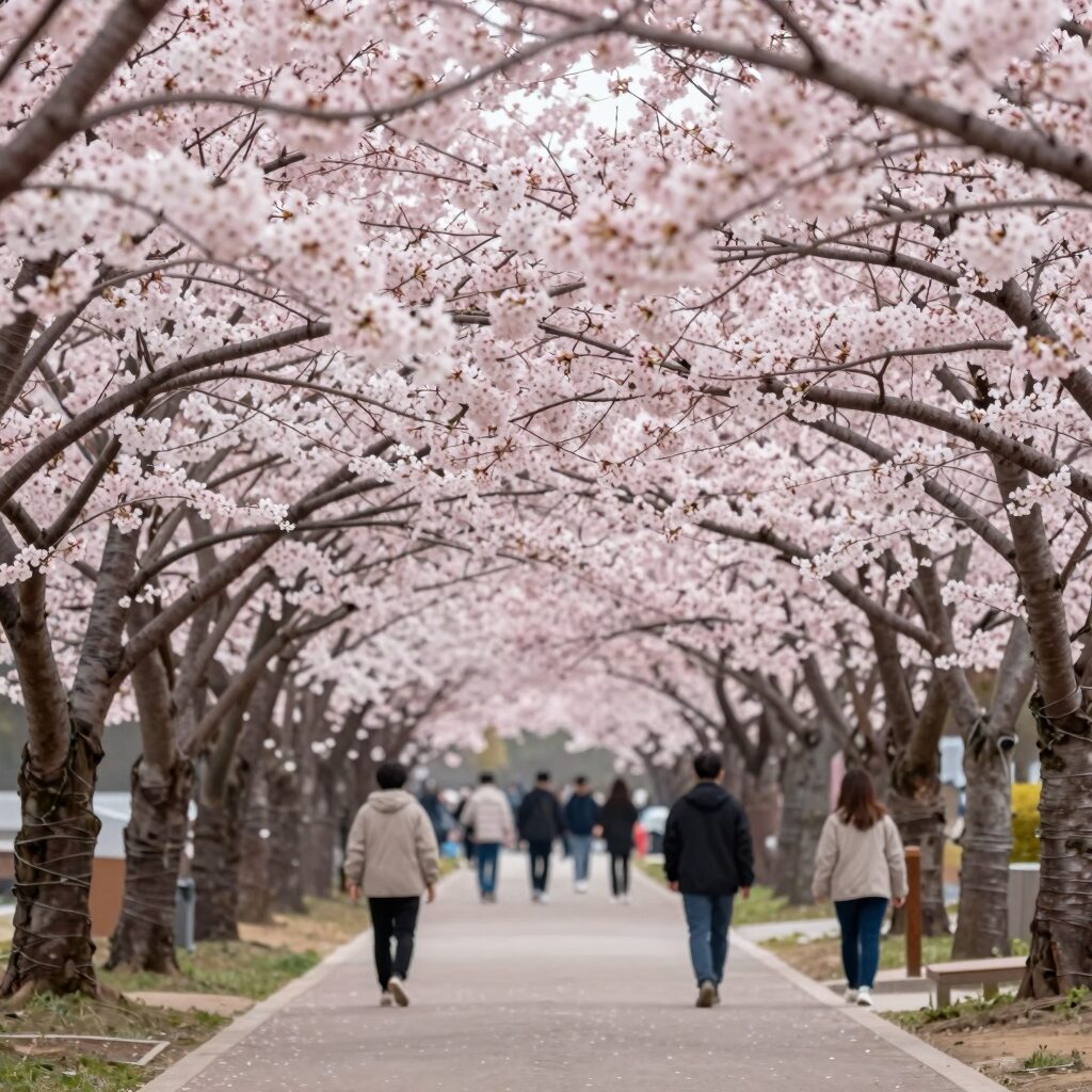 전주 완산칠봉꽃동산의 핑크빛 겹벚꽃 터널과 산책로