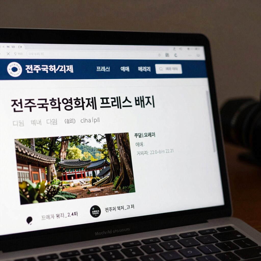 전주국제영화제 프레스 배지와 예매 페이지가 보이는 노트북 화면