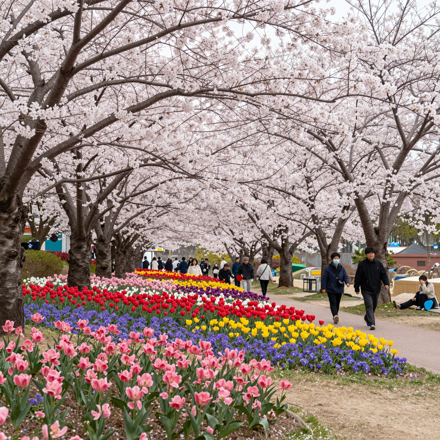 전주 완산꽃동산의 만개한 겹벚꽃과 철쭉이 어우러진 화려한 봄 풍경