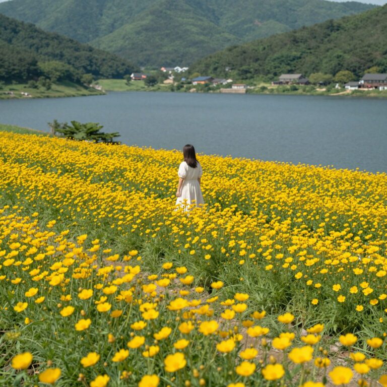 구례 지리산치즈랜드 노란 수선화가 핀 초원 풍경과 구만저수지 배경