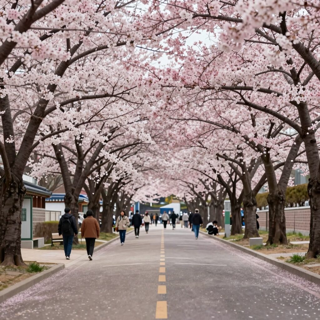 경희대 국제캠퍼스 노천극장과 핑크빛 겹벚꽃 길