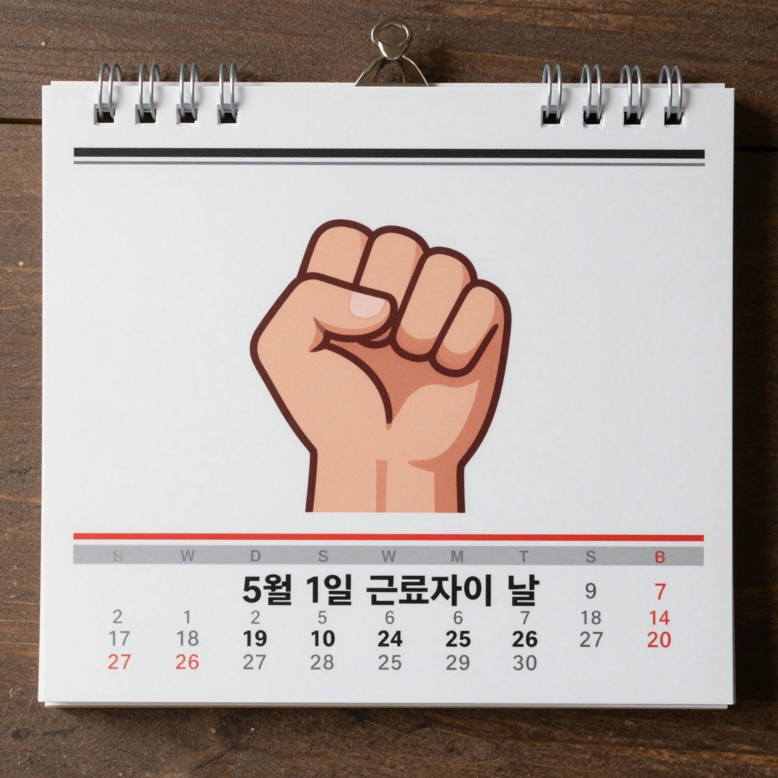 5월 1일 근로자의 날을 상징하는 캘린더와 단결을 나타내는 주먹 그림