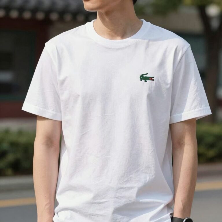 라코스테 반팔 티셔츠 화이트 모델 착용샷