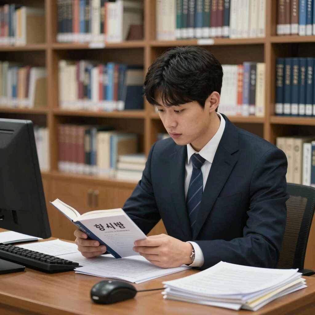 변호사시험 서재에서 공부하는 모습과 형사법 교재
