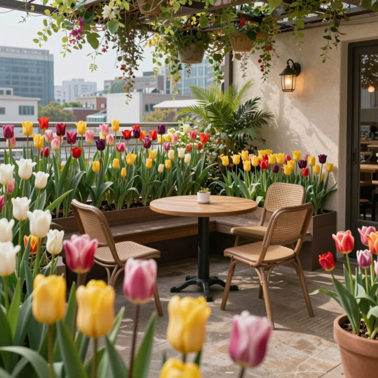 광교 카페 르디투어 옥상정원에 핀 다양한 색상의 튤립과 데크 의자