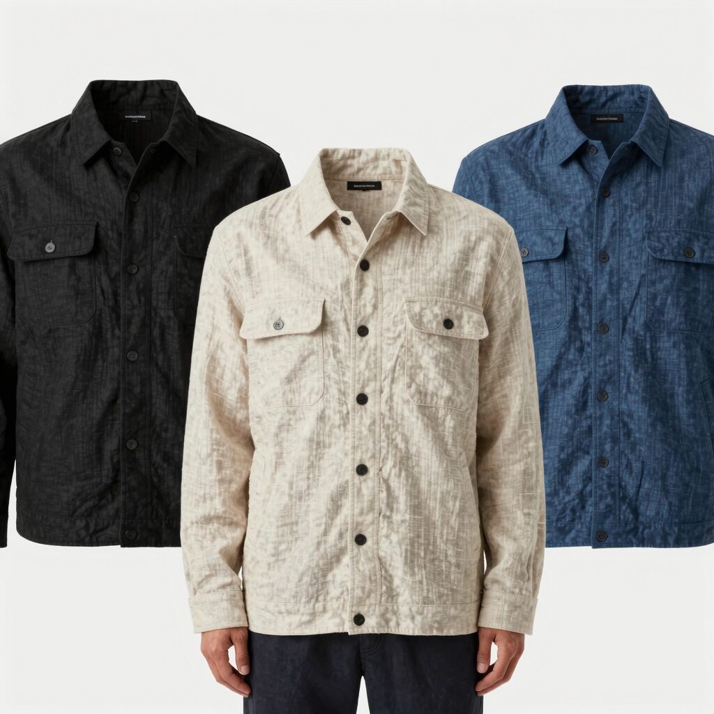 베이지, 블랙, 블루 세 가지 린넨자켓 컬러를 비교한 사진