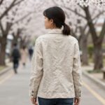봄 린넨자켓을 입고 나들이 가는 여성의 뒷모습, 베이지 컬러 자켓이 자연스럽게 떨어짐
