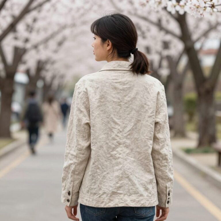 봄 린넨자켓을 입고 나들이 가는 여성의 뒷모습, 베이지 컬러 자켓이 자연스럽게 떨어짐