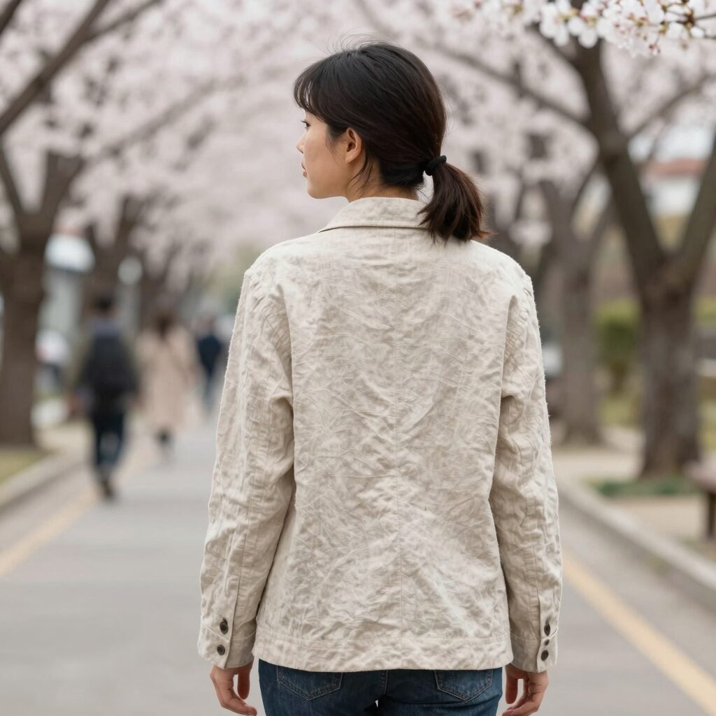 봄 린넨자켓을 입고 나들이 가는 여성의 뒷모습, 베이지 컬러 자켓이 자연스럽게 떨어짐
