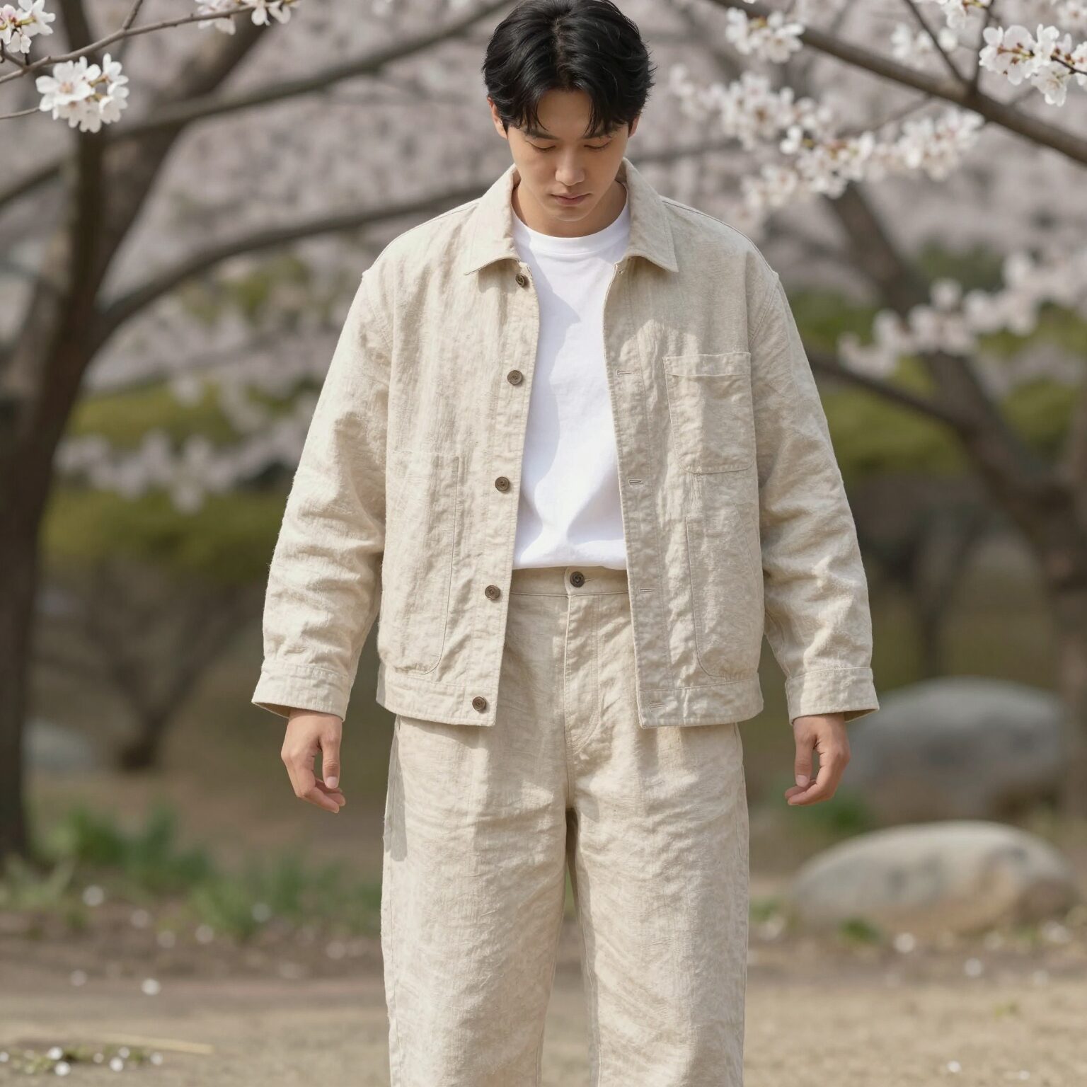 린넨자켓과 와이드 팬츠를 매치한 전신룩, 베이지와 화이트 톤의 봄 코디