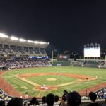 대구삼성라이온즈파크 야간 경기 전경, 많은 관중과 조명이 켜진 야구장 모습