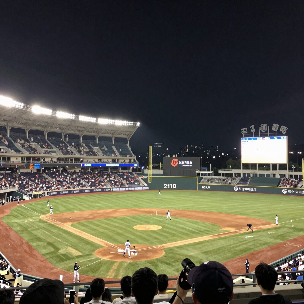 대구삼성라이온즈파크 야간 경기 전경, 많은 관중과 조명이 켜진 야구장 모습