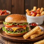 롯데리아 5월 할인 행사 메뉴인 핫크리스피버거 세트와 실비김치 양념감자, 그리고 치즈스틱이 함께 담긴 식사 사진