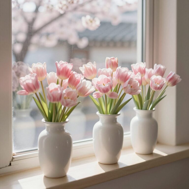 창가에 놓인 흰색과 분홍색 목마가렛 화분, 따스한 봄 햇살을 받고 환하게 핀 모습