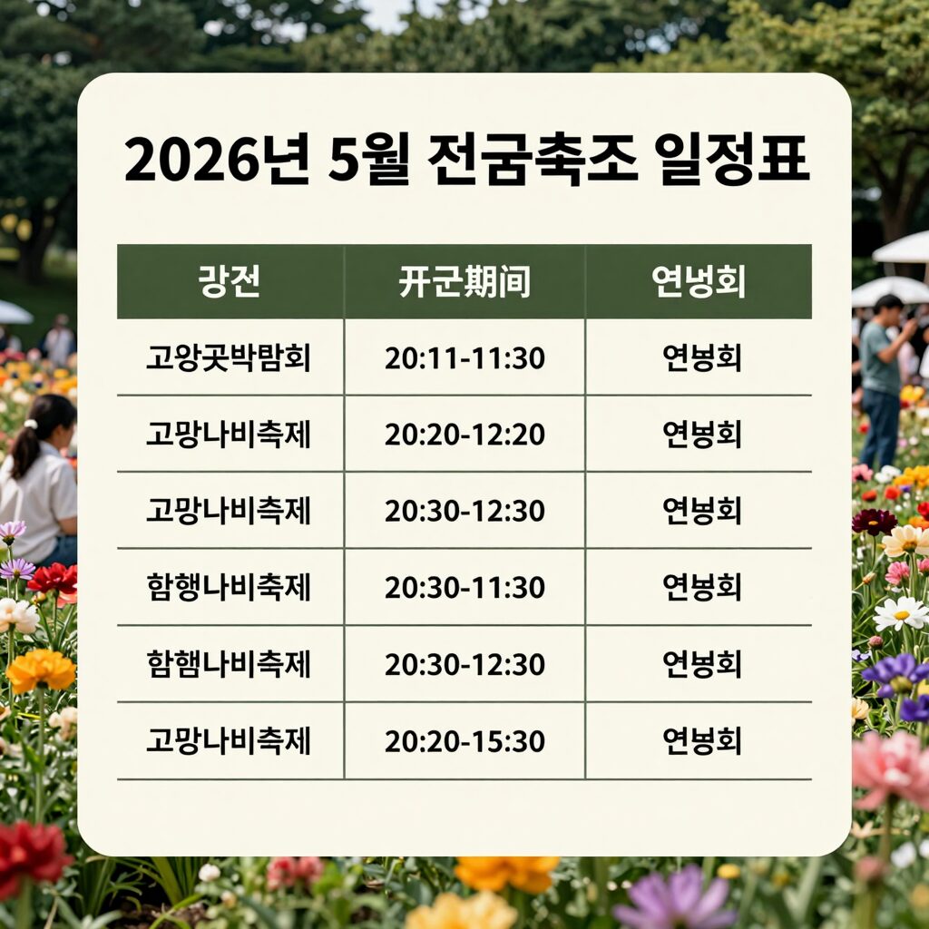 2026년 5월 전국 축제 일정표 이미지. 고양꽃박람회, 함평나비축제, 연등회 등 주요 행사 날짜가 정리되어 있다.