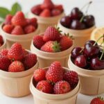 5월에 수확한 다양한 제철 과일들이 담긴 바구니. 딸기, 체리, 자두, 참외 등이 신선하게 보인다.