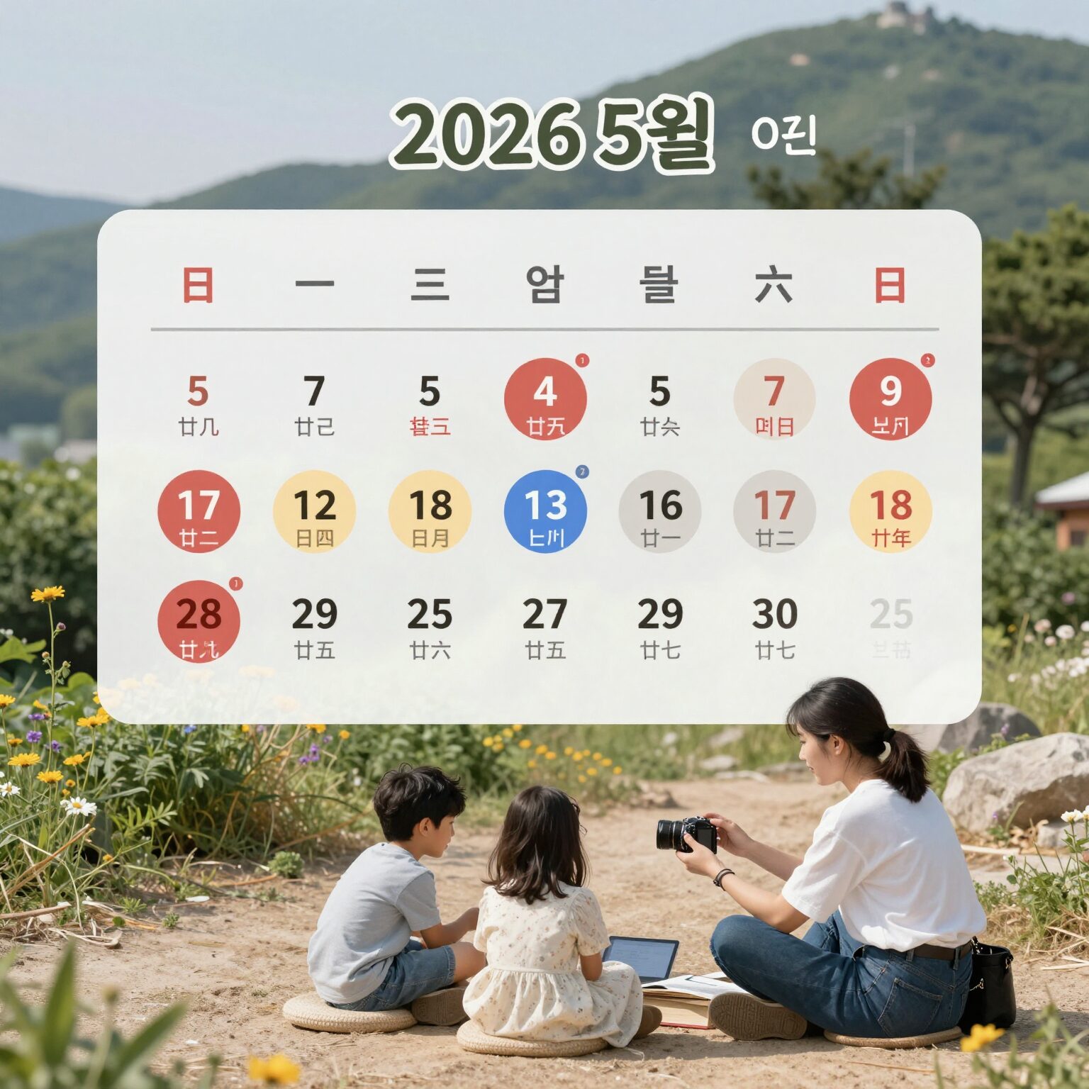 2026년 5월 달력에 표시된 노동절과 어린이날을 포함한 연휴 일정