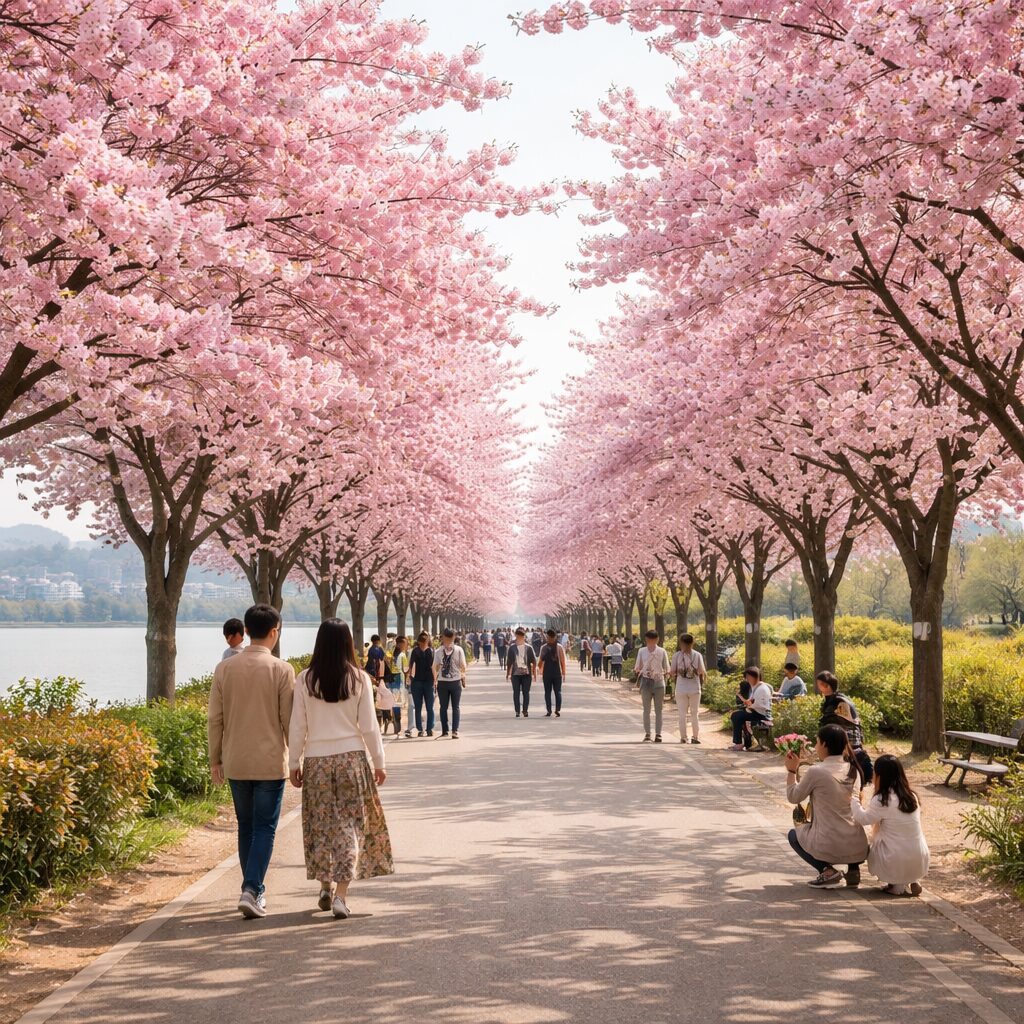 하남 미사경정공원의 양옆으로 늘어선 연분홍색 겹벚꽃 나무 길