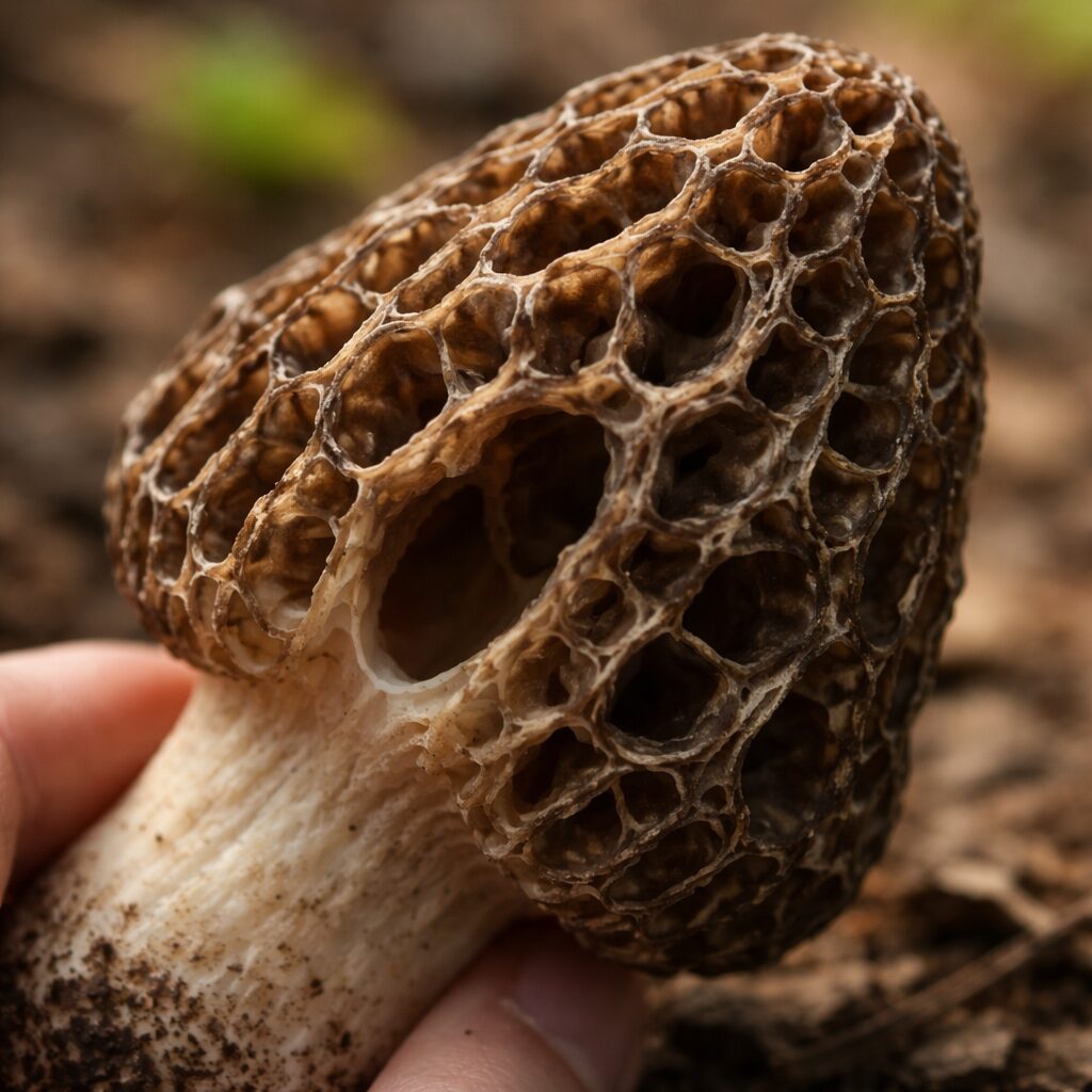 곰보버섯의 울퉁불퉁한 갓과 속이 비어있는 구조를 클로즈업한 사진