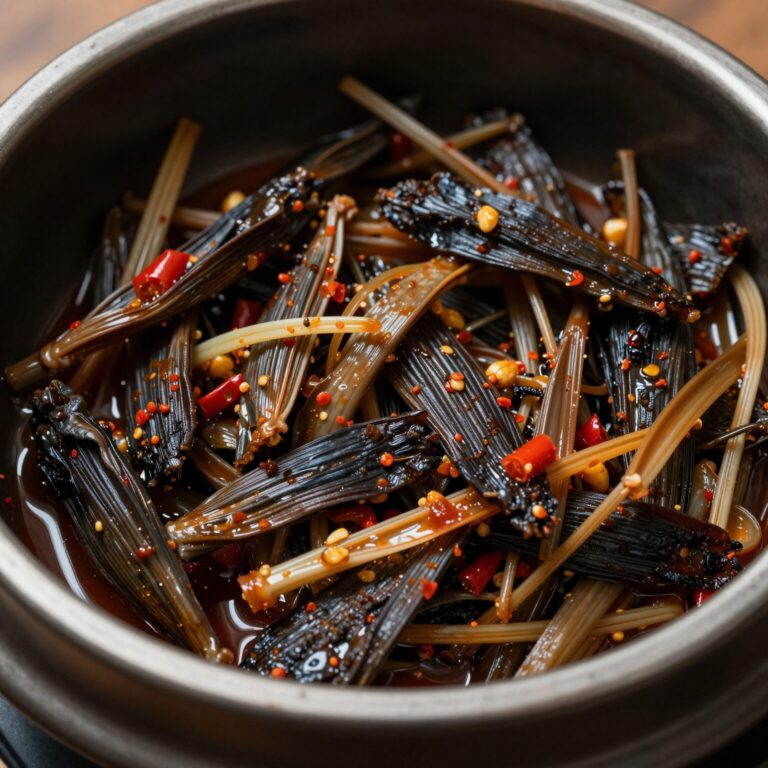 냄비에 담긴 명이나물 장아찌 절임장, 진한 색과 고추가 보임