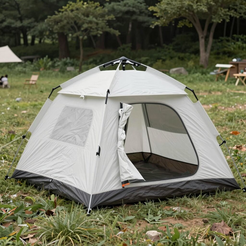 원터치텐트를 펼쳐서 자동으로 설치하는 모습, 캠핑장 풀밭 위에 설치된 텐트