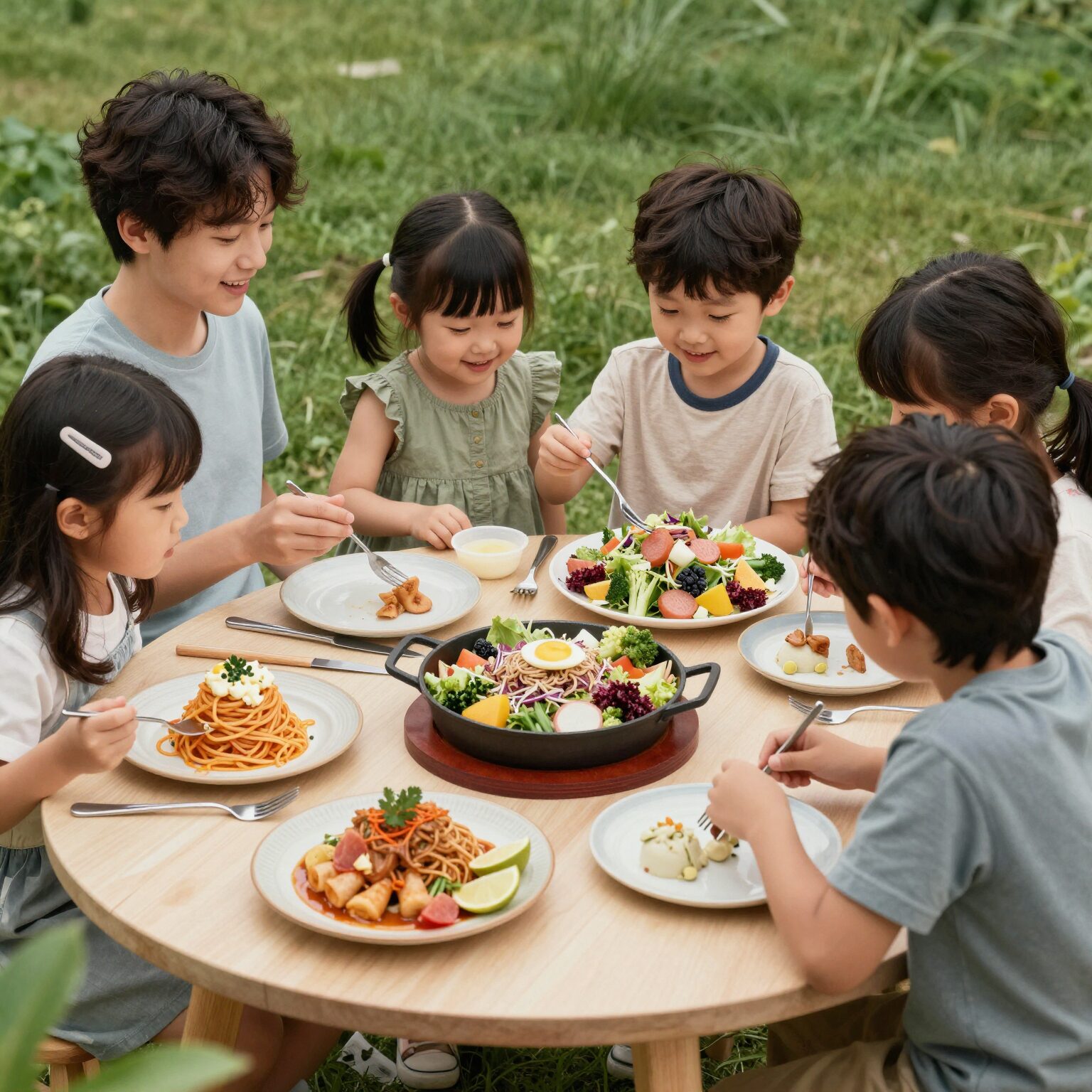 아웃백 어린이날 런치 메뉴 구성과 아이들이 좋아하는 베이비백립, 투움바 파스타, 샐러드가 담긴 테이블 사진