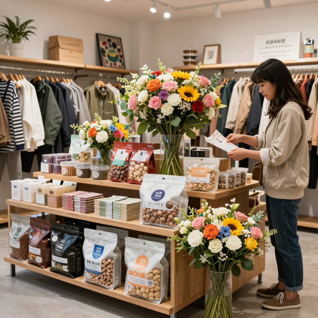 어버이날 선물 순위를 나타낸 이미지로 건강식품, 현금, 꽃, 의류, 여행 상품권 등이 진열된 모습