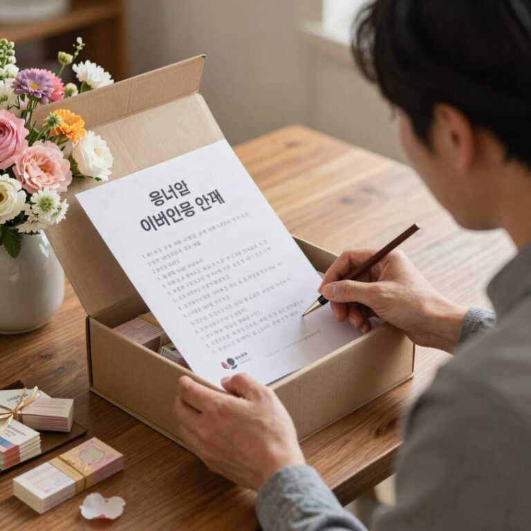 어버이날 부모님께 드릴 용돈박스와 꽃, 그리고 정부 지원금 안내서가 함께 있는 테이블 세팅 사진