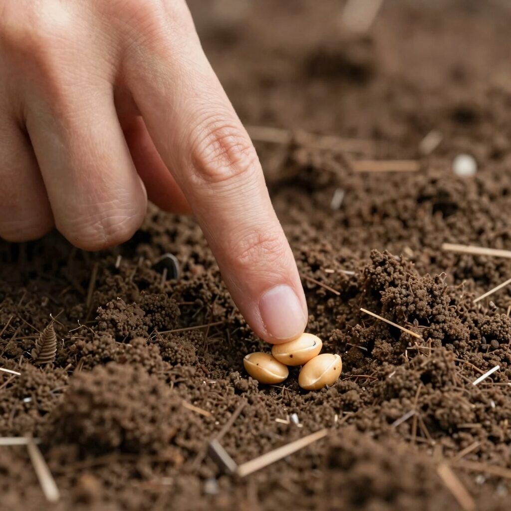땅콩 씨앗을 땅에 심는 적정 깊이 3~5cm를 손가락으로 보여주는 사진
