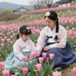 진도 산골 밭에 활짝 핀 분홍색 작약꽃과 함께 있는 모녀의 모습