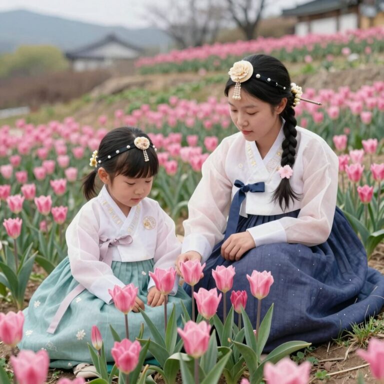 진도 산골 밭에 활짝 핀 분홍색 작약꽃과 함께 있는 모녀의 모습