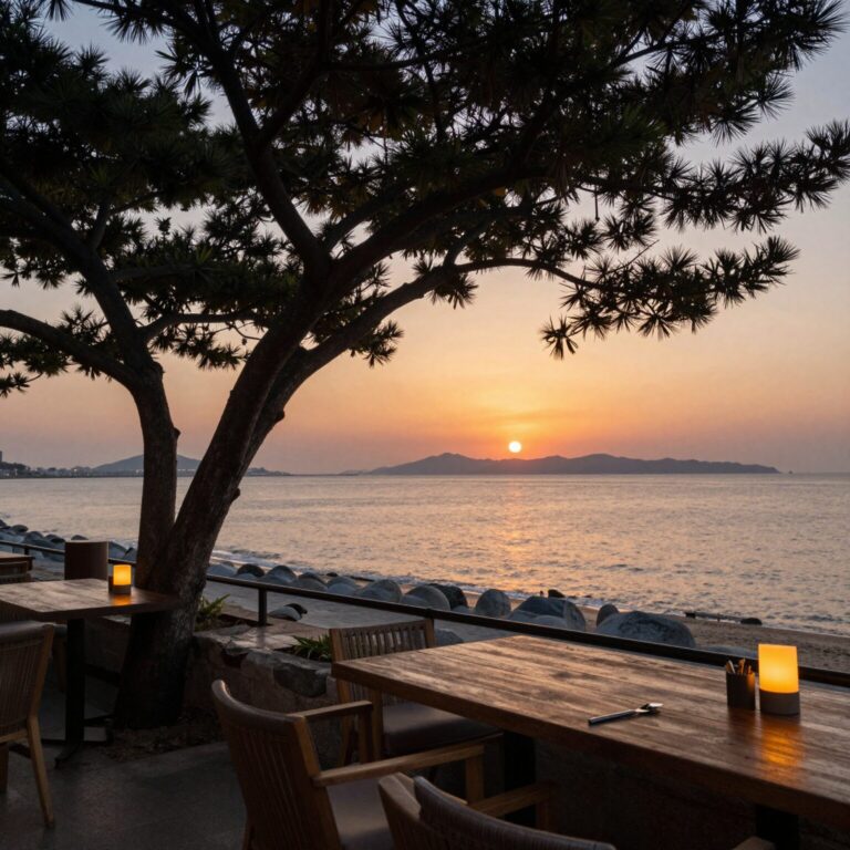 푸꾸옥 해변가 카페에서 바라본 노을과 야자수 풍경