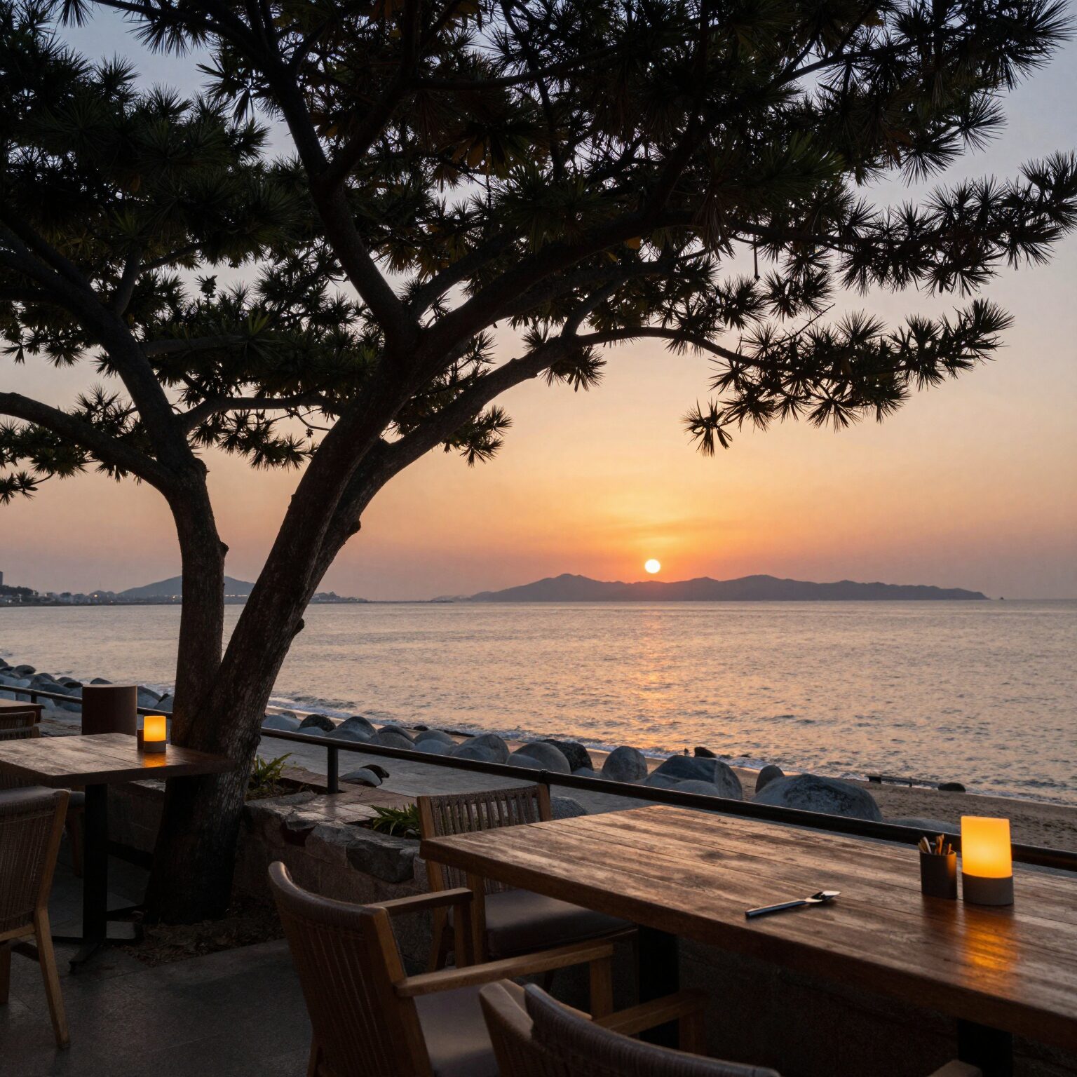 푸꾸옥 해변가 카페에서 바라본 노을과 야자수 풍경