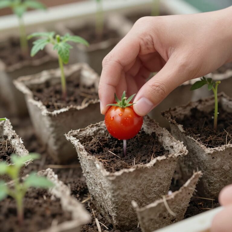방울토마토 모종을 화분에 심는 과정, 적절한 간격과 깊이를 보여줌