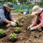 고추 모종을 텃밭 두둑에 적당한 간격을 두고 심고 있는 사진