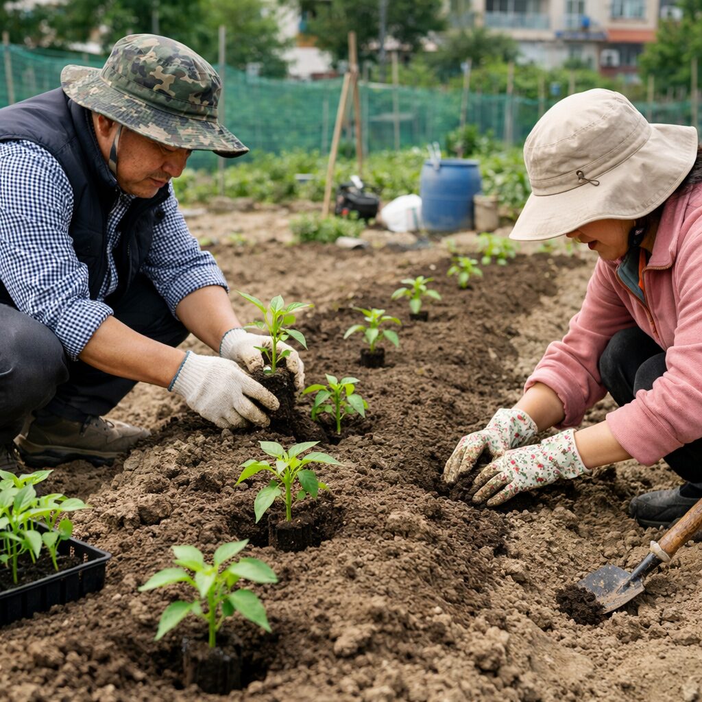 고추 모종을 적당한 간격으로 심는 모습, 포트에서 꺼낸 흙덩이를 그대로 심고 있다
