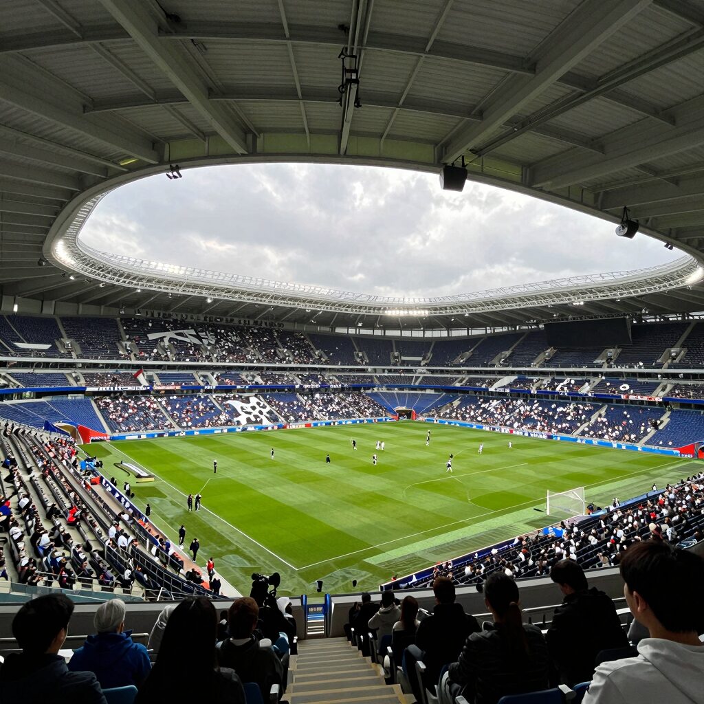 프리미어리그 경기장 내부 전경, 관중들로 가득 찬 열기 넘치는 모습