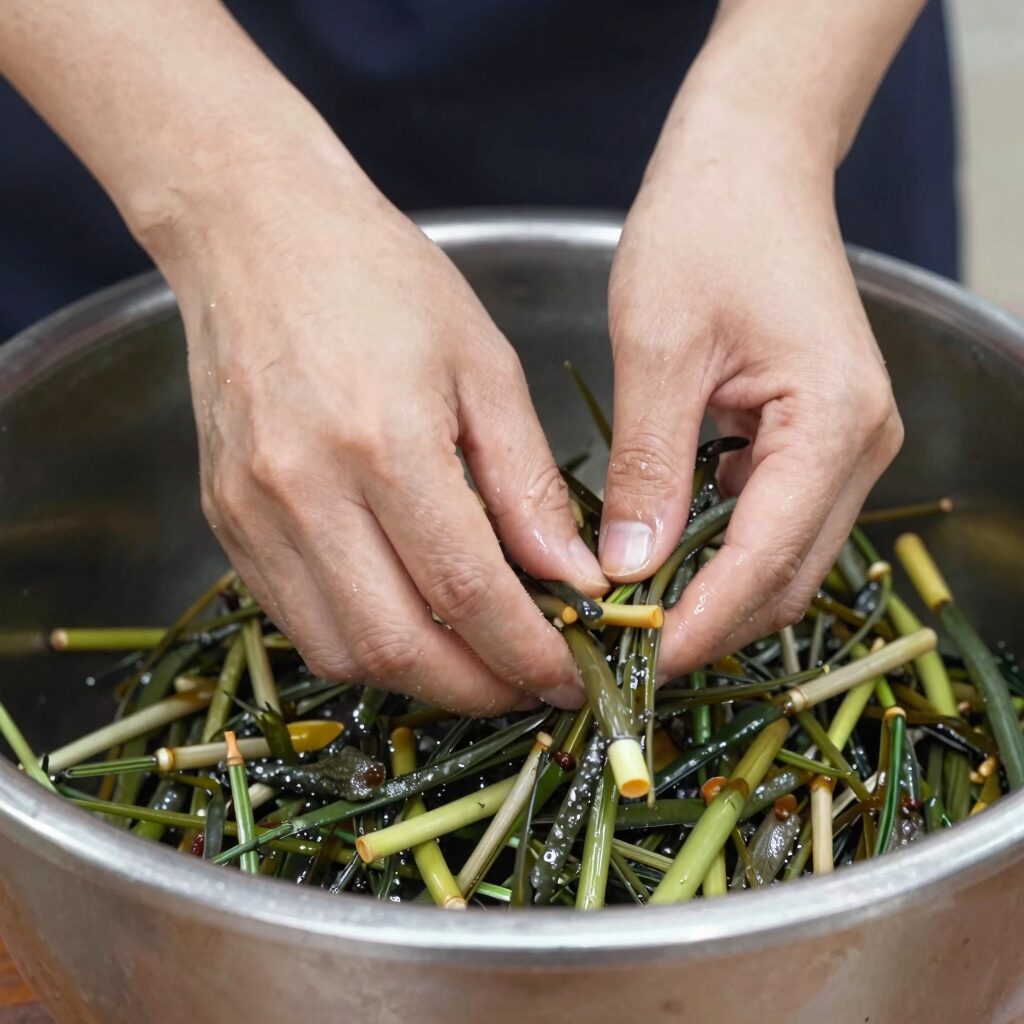 열무와 얼갈이를 손질하여 씻고 절이는 과정 사진