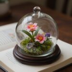 프리저브드 카네이션이 들어간 유리돔이 책상 위에 우아하게 장식되어 있는 모습