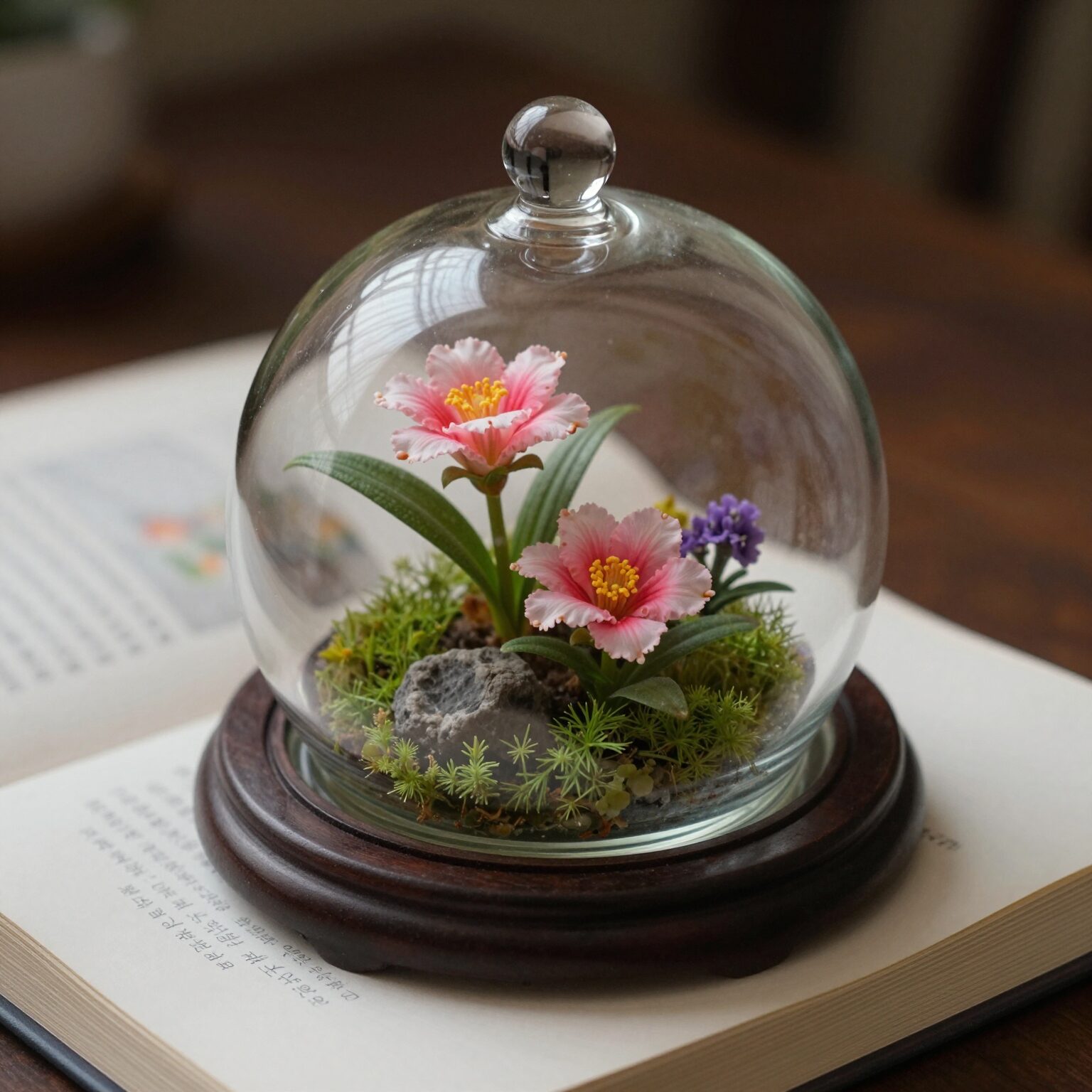 프리저브드 카네이션이 들어간 유리돔이 책상 위에 우아하게 장식되어 있는 모습