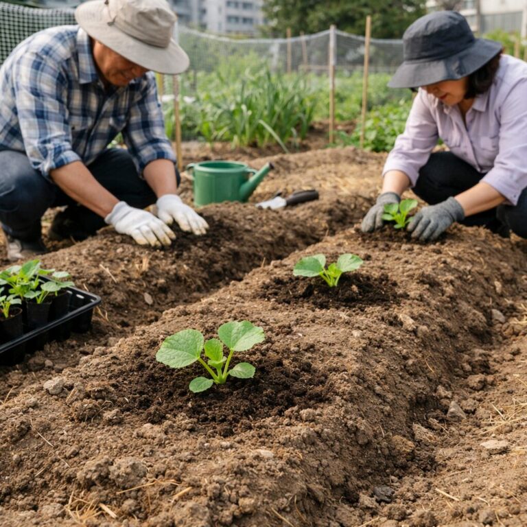 호박 모종을 텃밭 두둑에 넉넉한 간격으로 심는 모습
