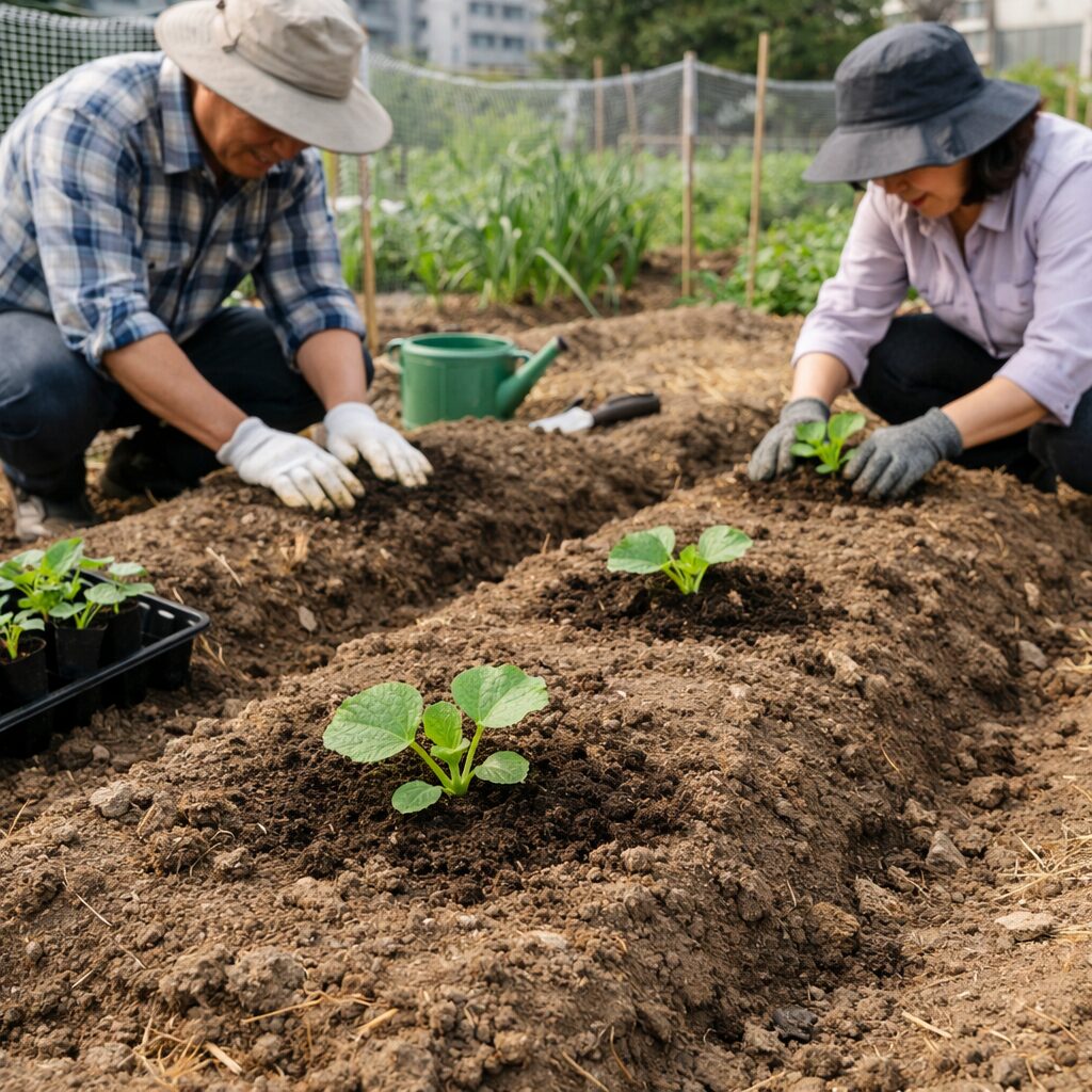 호박 모종을 텃밭 두둑에 넉넉한 간격으로 심는 모습