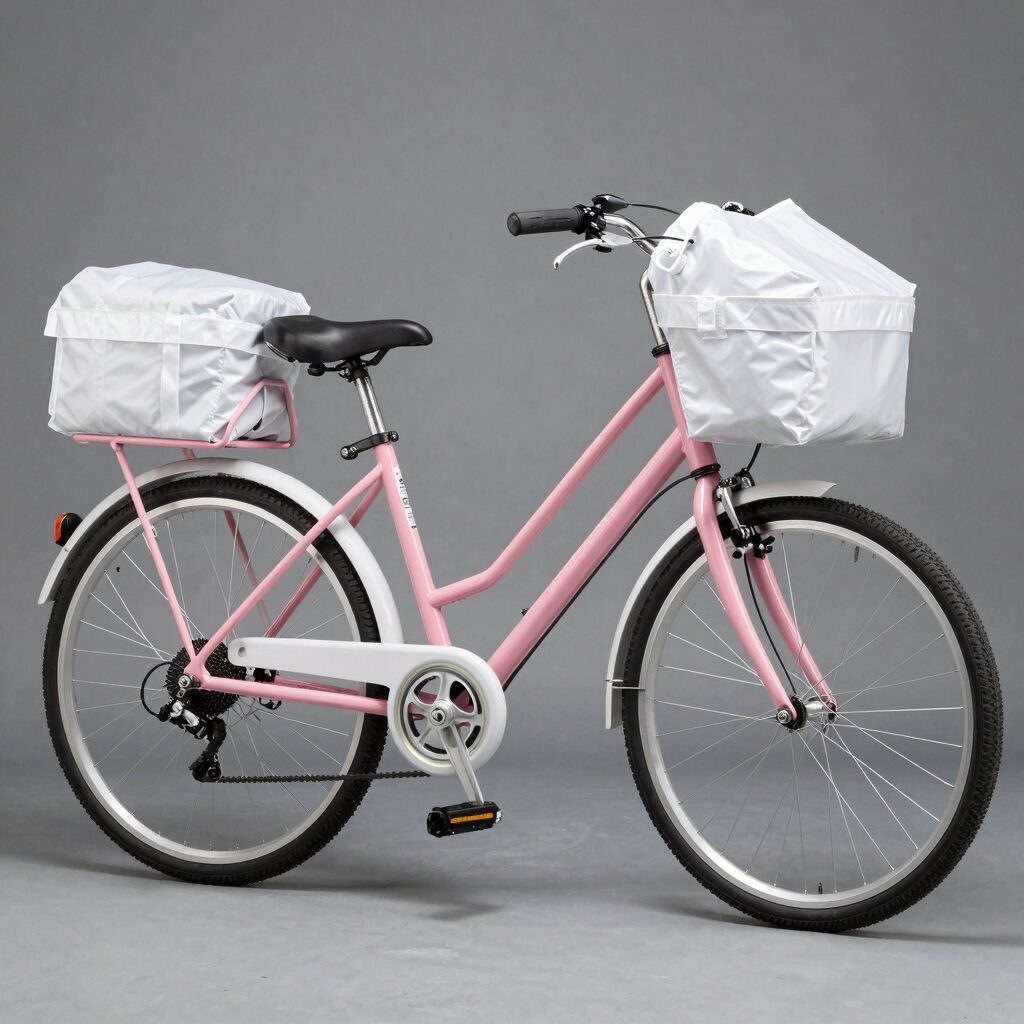 삼천리 레스포 딩고 18인치 자전거 실물 사진, 핑크색 바디에 흰색 바구니가 달려 있음