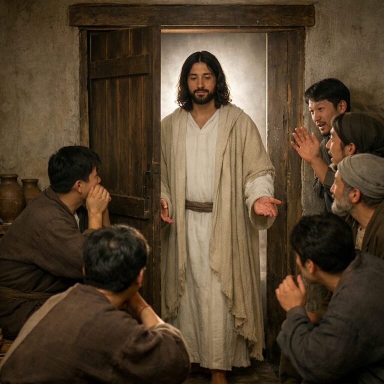 부활하신 예수님이 닫힌 문을 통과해 두려워하는 제자들 가운데 서 계시는 상상화