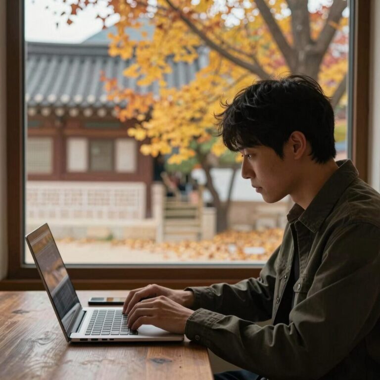 노트북 앞에서 글을 쓰는 사람의 모습과 창밖의 가을 풍경이 함께 보이는 이미지