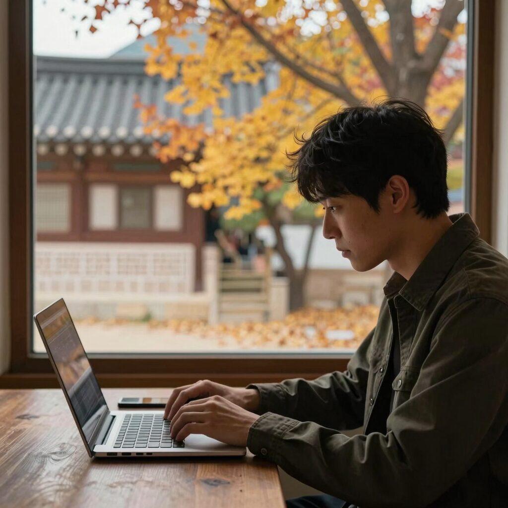 노트북 앞에서 글을 쓰는 사람의 모습과 창밖의 가을 풍경이 함께 보이는 이미지