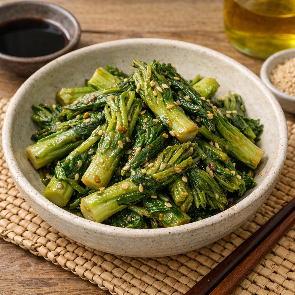 데치고 물기를 뺀 개두릅을 국간장과 들기름으로 무친 모습