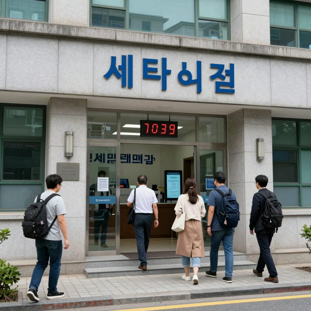 세무서 건물 외관 모습과 방문객들이 출입하는 장면