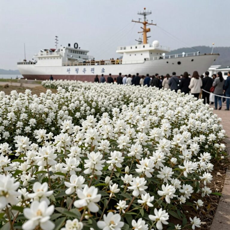 안산 화랑유원지에 마련된 세월호 희생자 합동분양소 외부 전경, 흰 철쭉 꽃이 피어 있는 모습